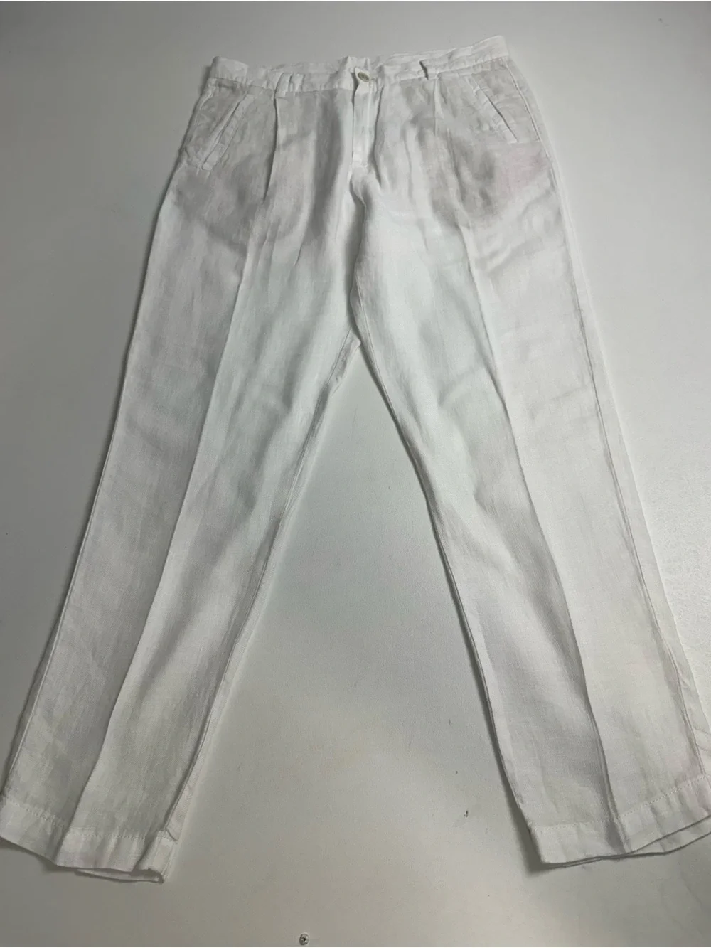 Zara women’s size 32 white 100% linen trousers straight leg tailored pleated